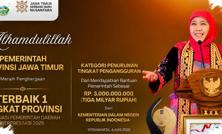 TPT Jawa Timur Turun ke 3,55 Persen, Pemprov Raih Insentif Rp3 Miliar dari Pusat